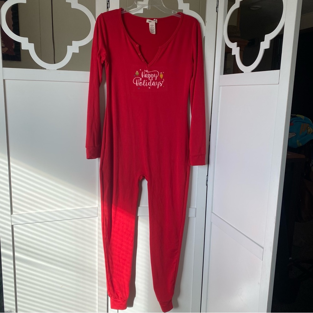 Sho Sho red jumpsuit pajamas Merry Christmas medium FLAW small ink mark last pic